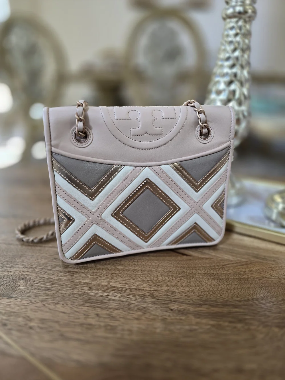 Tory Burch Pink Geo Patchwork Crossbody Bag